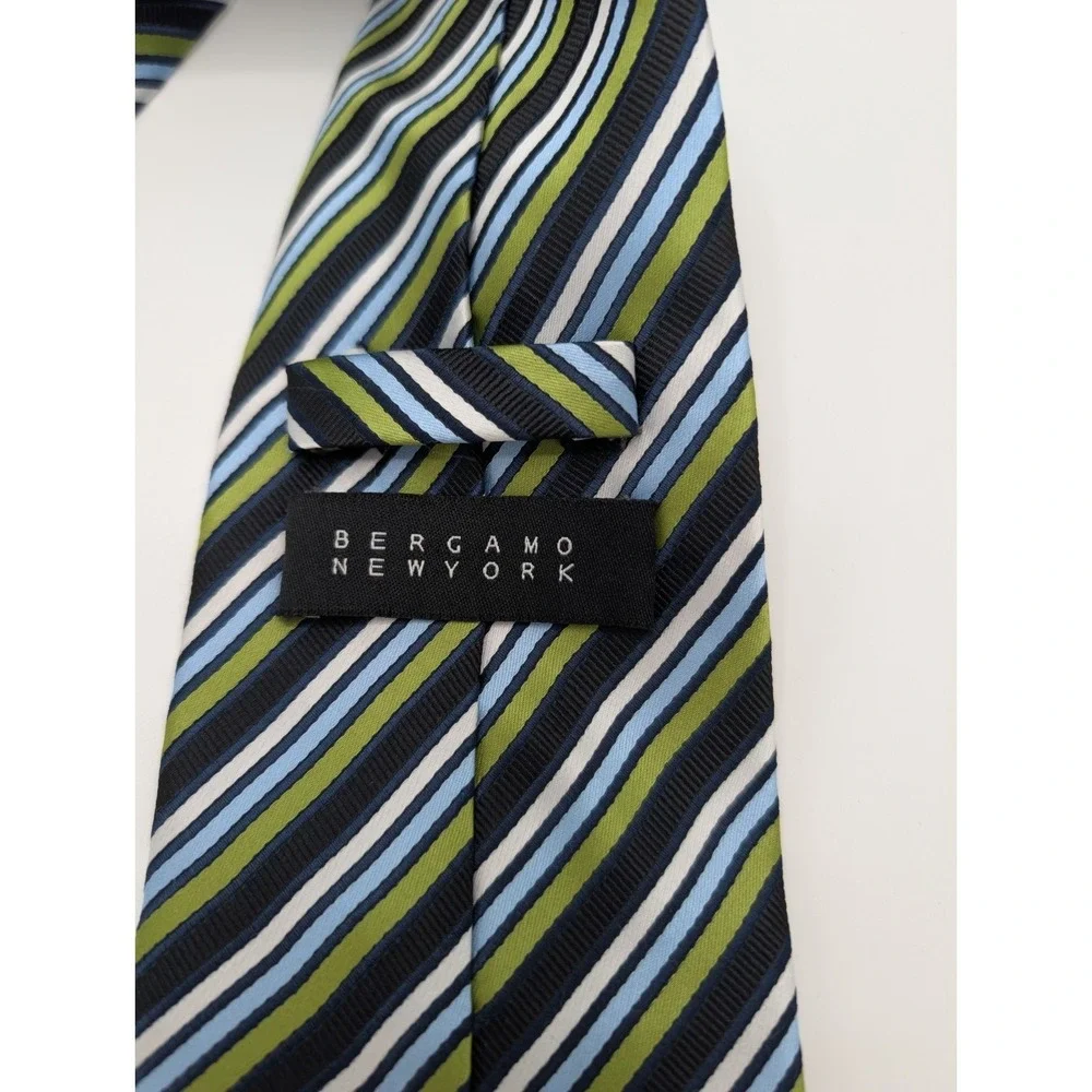 BERGAMO New York Handmade Mens Tie Blue Green Diagonal Stripe Polyester